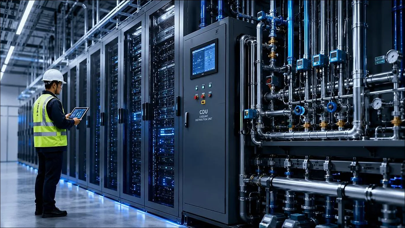 AI data center hall with GPU server racks and a coolant distribution unit (CDU)