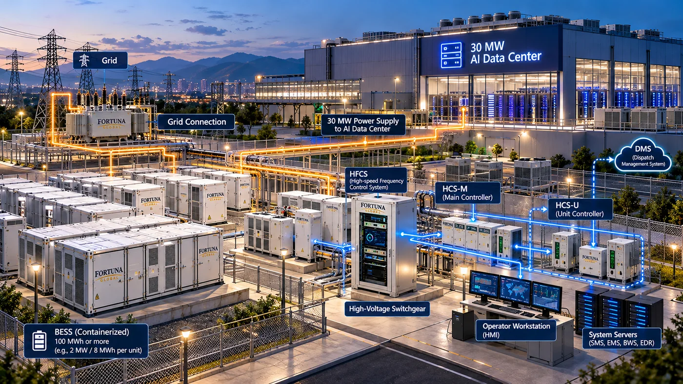 BESS supplying power to a 30 MW AI data center with HFCS and EMS