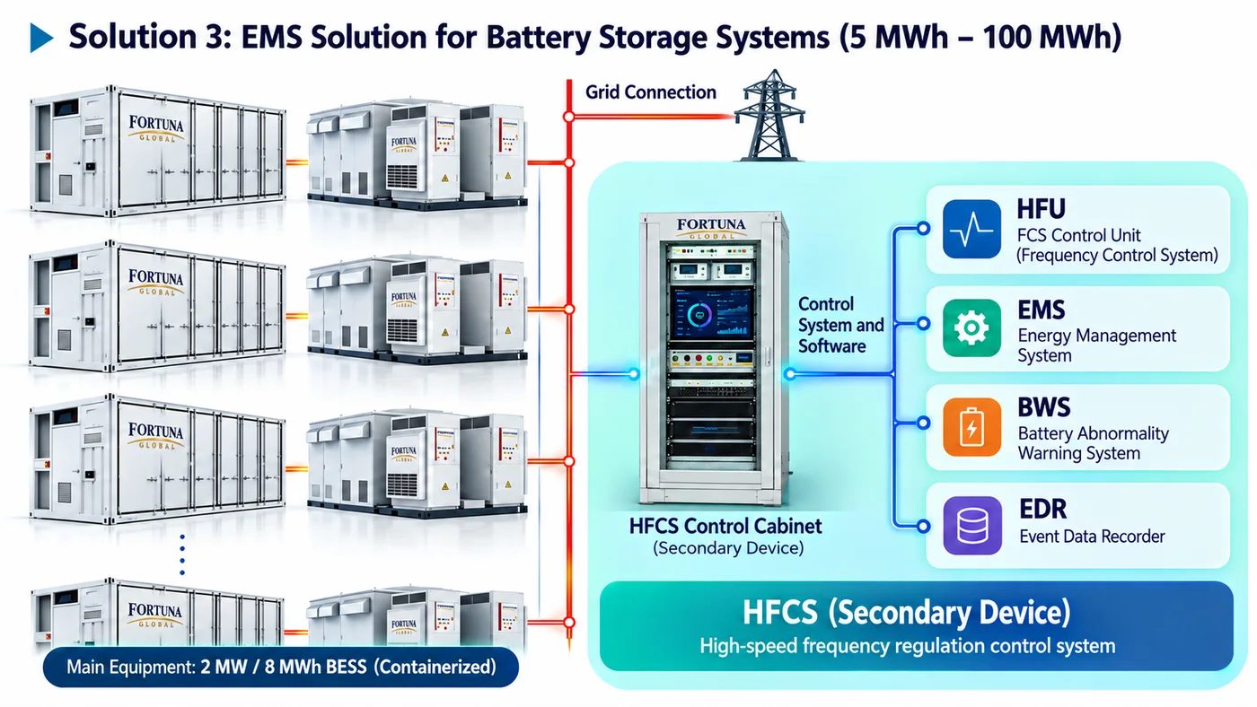 System diagram of EMS Solution for Battery Storage Systems (5 MWh – 100 MWh)