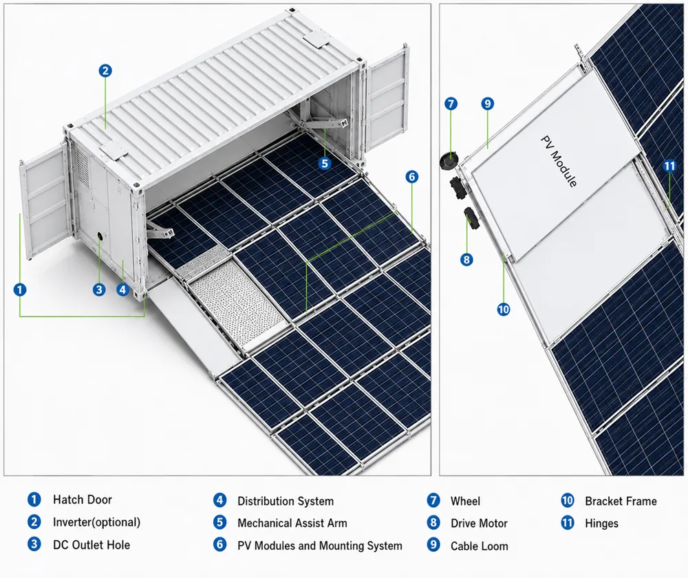 Structure of the solar container: hatch door, distribution system, PV modules and mounting system
